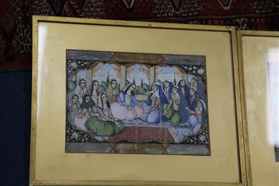 A set of six Persian watercolours of marriage scenes, Qajar dynasty, 19th century, each 19cm x 27cm